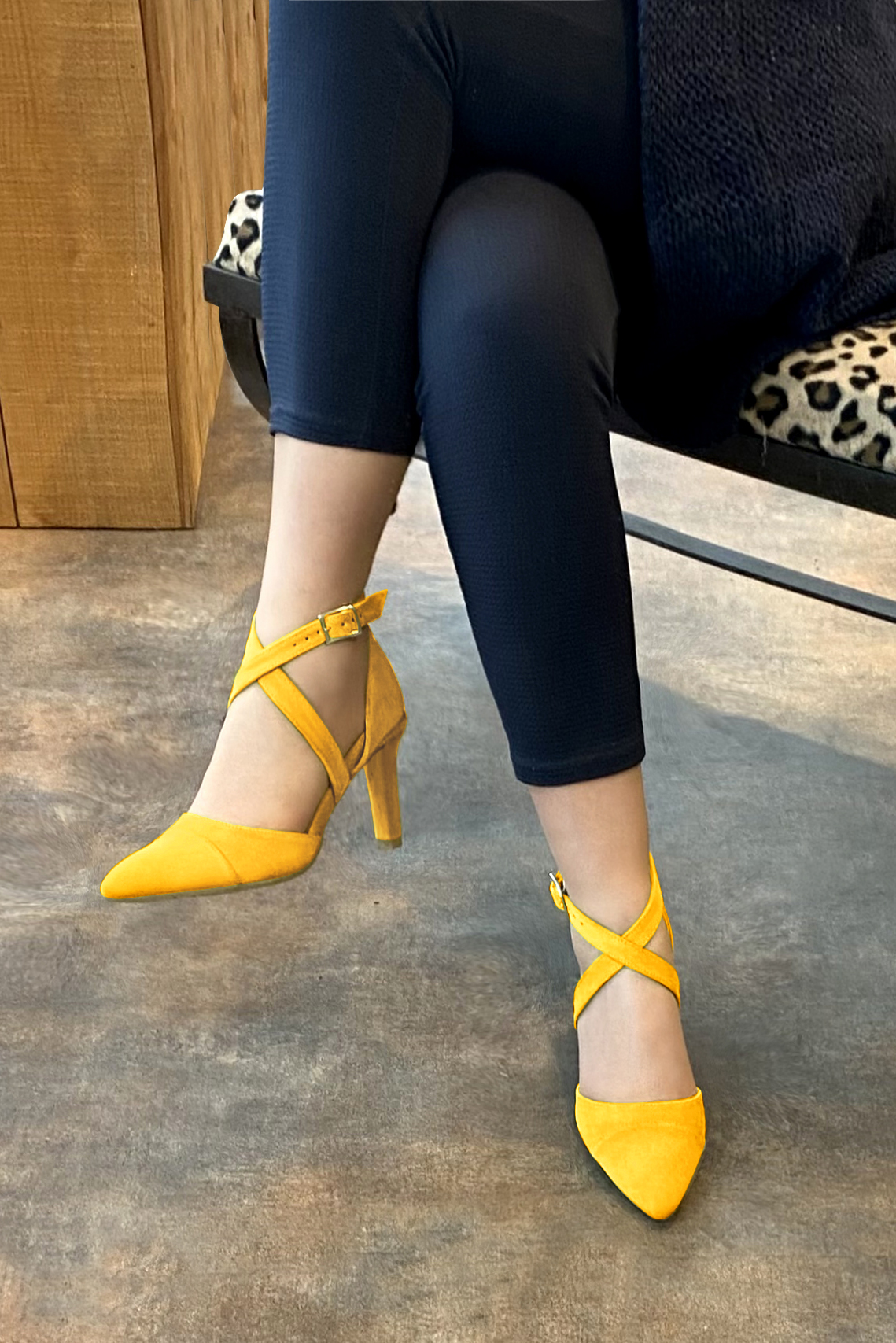 Yellow women's open side shoes, with crossed straps. Tapered toe. High slim heel. Worn view - Florence KOOIJMAN